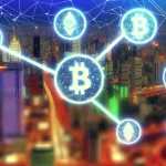 Artistic depiction of decentralized exchanges with digital assets and blockchain networks against a bright cityscape.